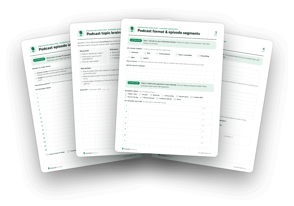 The four Podcasting Simplified planning worksheets: topic brainstorm, episode ideas, format and segments, and podcast details
